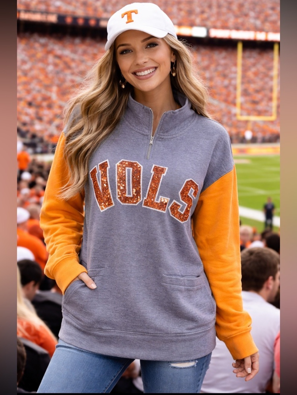 Victoria Secret PINK VOLS LOGO Gray and Orange Sequin Letter Pullover